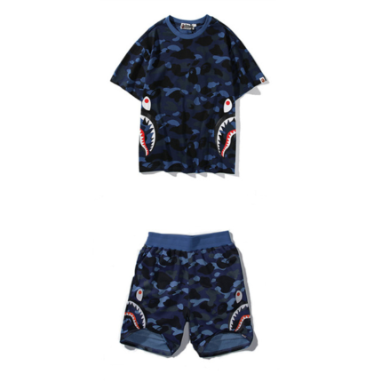 BAPE CAMO SHARK T SHIRT SHORTS SET BLUE