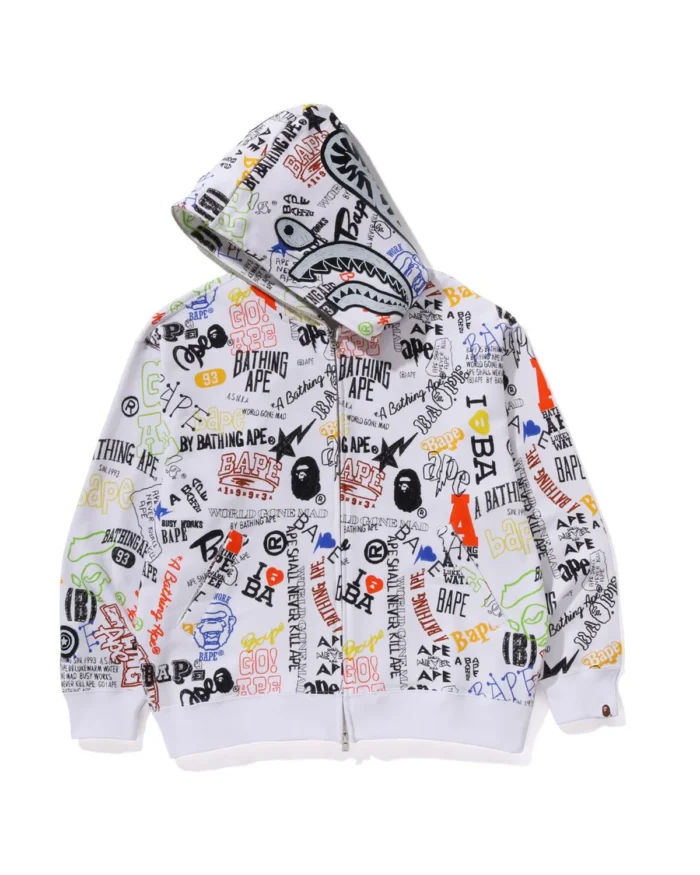 Hand Draw Pattern Shark Zip Hoodie